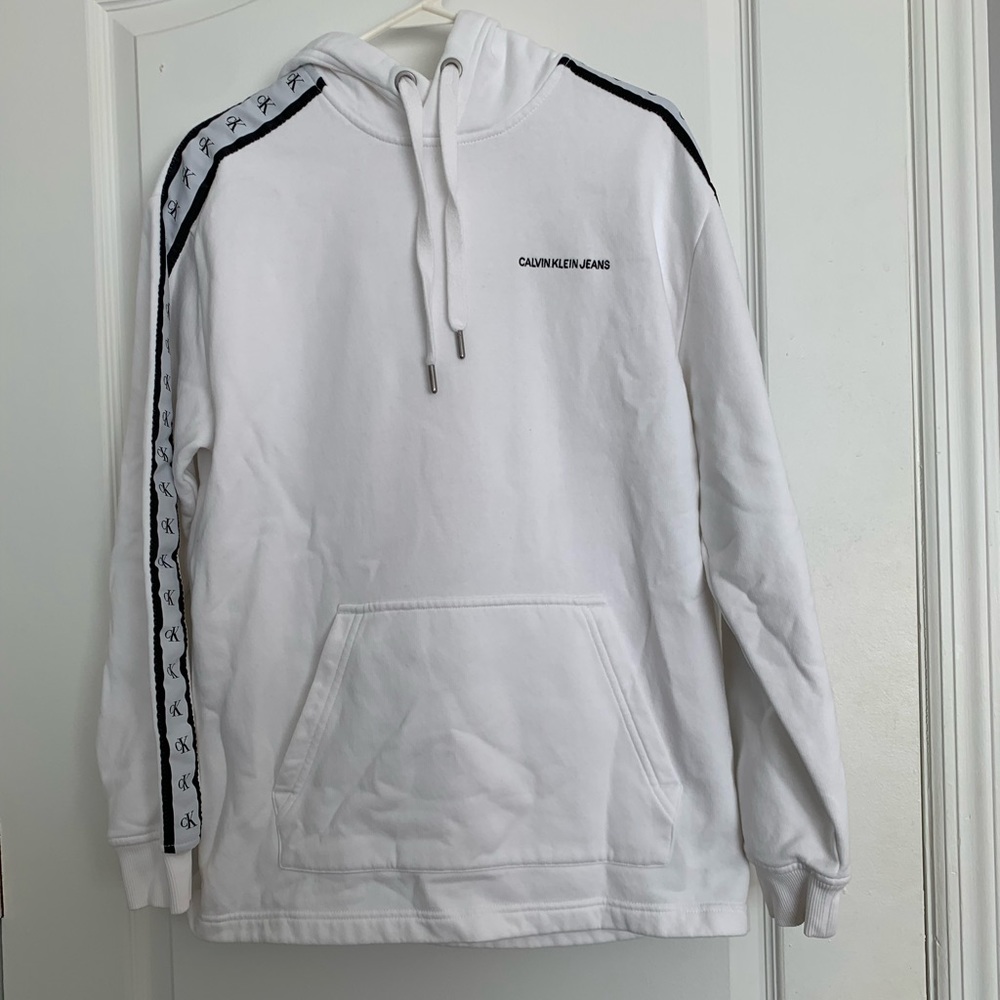 Calvin Klein Jeans white hoodie, labeled CK down the sleeves, size small